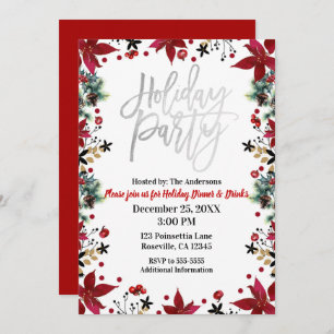 Silver Holiday Party Poinsettia Floral Christmas Invitation
