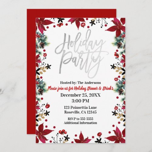 Silver Holiday Party Poinsettia Floral Christmas Invitation