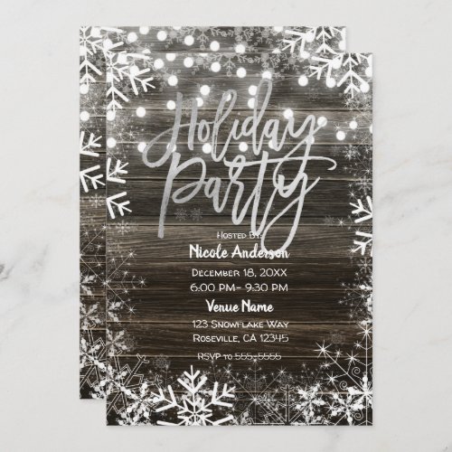 Silver Holiday Party Wood  Winter Snowflakes Wood Invitation