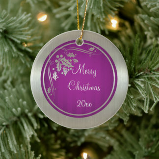 Silver Holly and Swirls on Purple Xmas Ornament