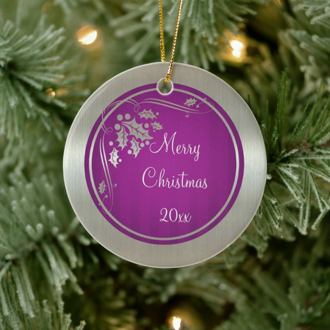 Silver Holly and Swirls on Purple Xmas Ornament (Tree)