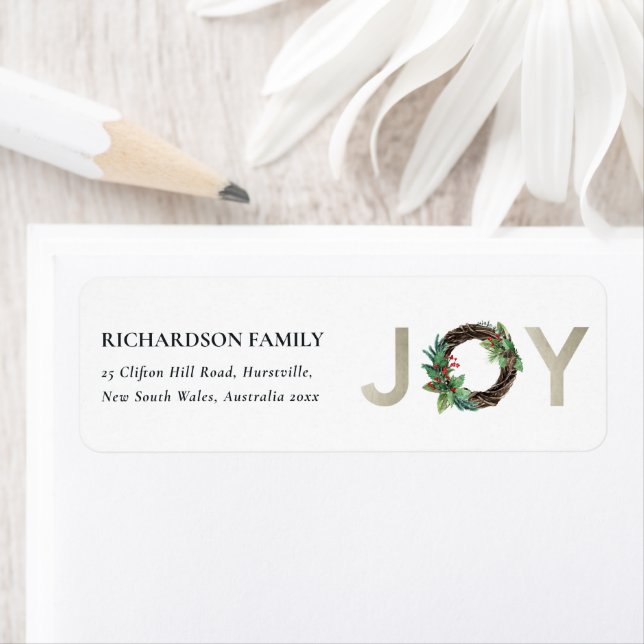 SILVER HOLLY BERRY JOY WREATH CHRISTMAS ADDRESS LABEL (Insitu)