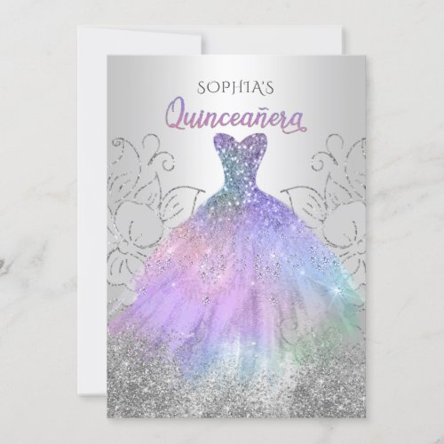 Silver Hologram Glitter Dress Quinceaera Quince Invitation