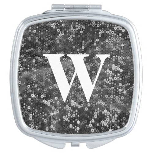 Silver Hologram Sequin Glitter Party Monogram Compact Mirror