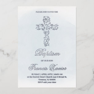 silver Holy cross Baptism Foil Invitation