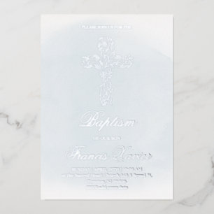 silver Holy cross Baptism Foil Invitation