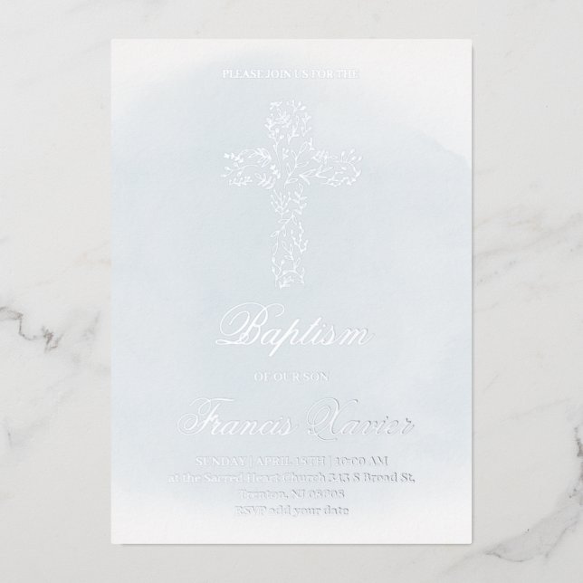 silver Holy cross Baptism Foil Invitation (Front)