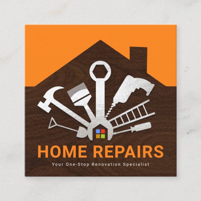 Silver Home Repair Tools Building Silhouette Square Business Card (Front)