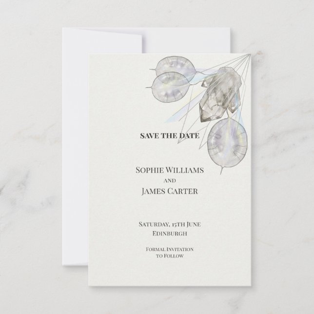 Silver Honesty Leaf Wedding Save the Date (Front)