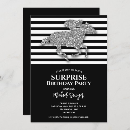 Silver Horse Black White Stripes Birthday Invitation