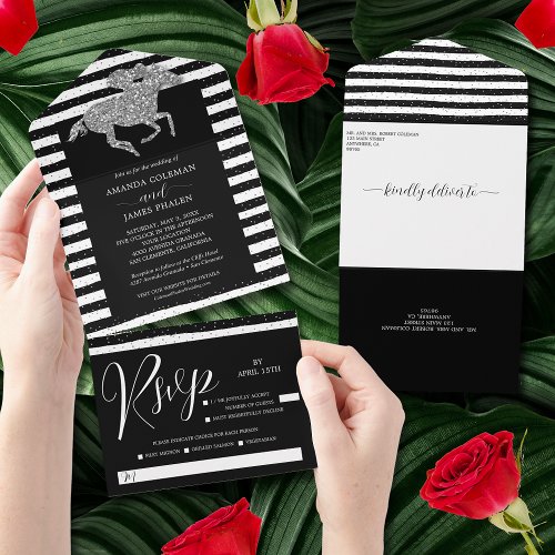 Silver Horse Black White Stripes Wedding All In One Invitation