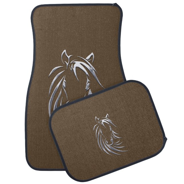Silver Horse Head Brown Car Floor Mat (Set)