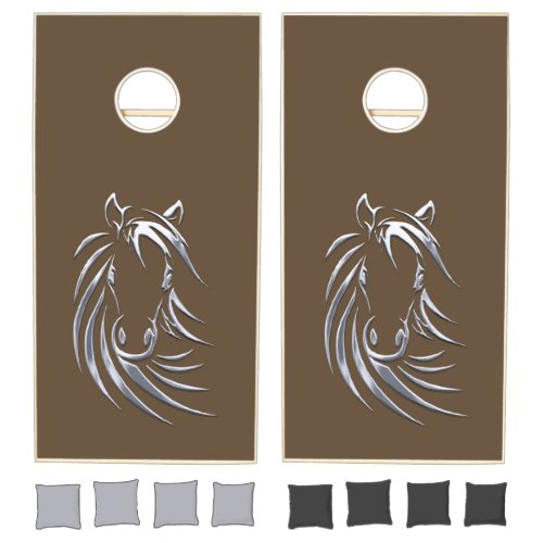 Silver Horse Head Brown Cornhole Set