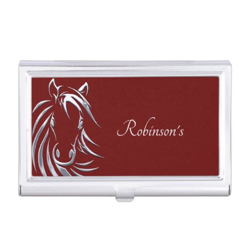 Silver Horse Head Maroon 2 Line Business Card Case
