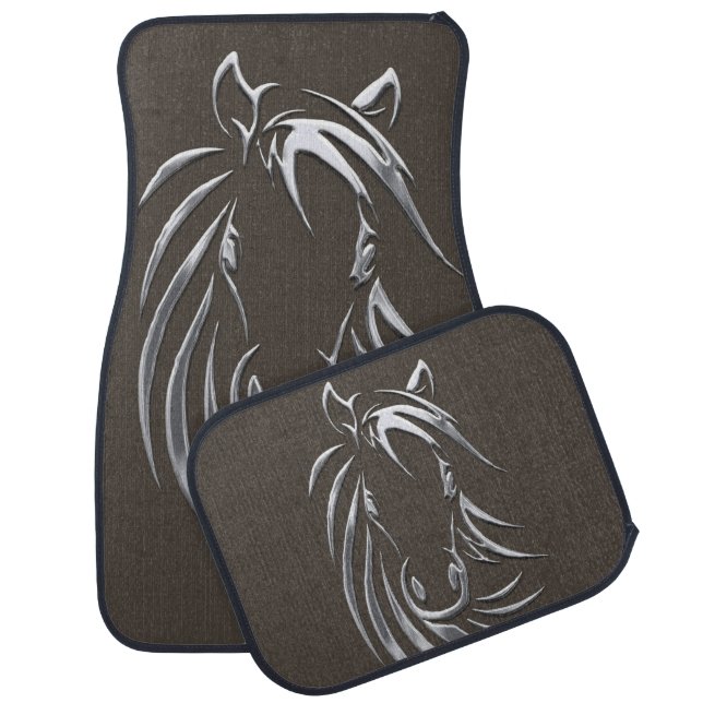 Silver Horse Head Mocha Car Floor Mat (Set)