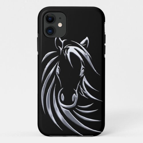 Silver Horse Head on Black iPhone 11 Case