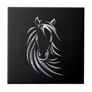 Silver Horse Head on Black Ceramic Tile