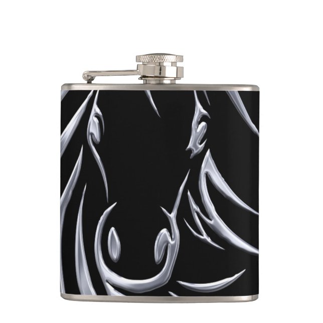 Silver Horse Head on Black Flask (Front)