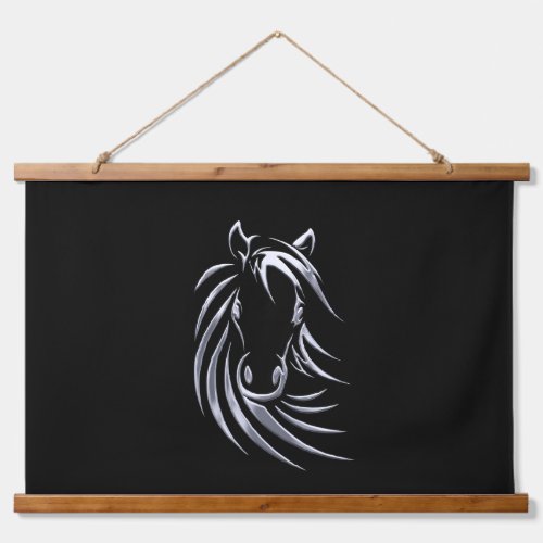 Silver Horse Head on Black Hanging Tapestry