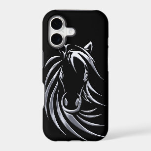 Silver Horse Head on Black iPhone 17 Case