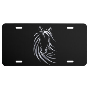 Silver Horse Head on Black License Plate