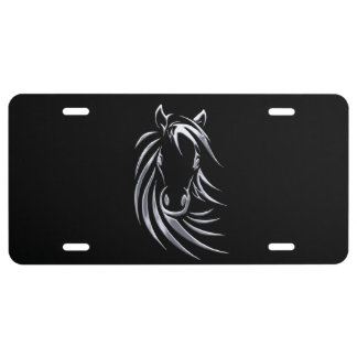 Silver Horse Head on Black License Plate