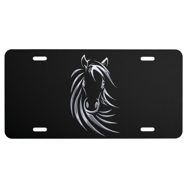 Silver Horse Head on Black License Plate (Front)