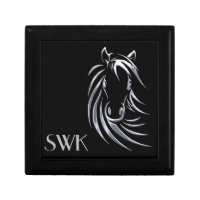 Silver Horse Head on Black Monogrammed Keepsake Box