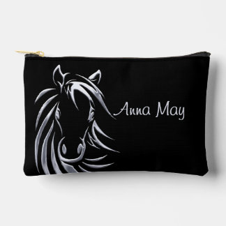 Silver Horse Head on Black Personalized Script Accessory Pouch