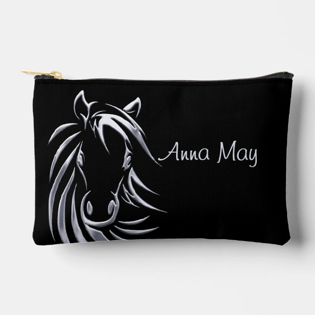 Silver Horse Head on Black Personalized Script Accessory Pouch (Front)