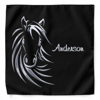 Silver Horse Head on Black Personalized Script Bandana
