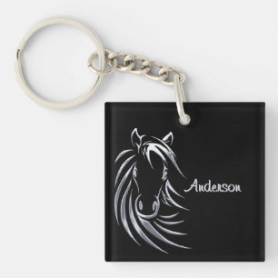 Silver Horse Head on Black Personalized Script Keychain