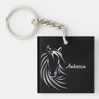 Silver Horse Head on Black Personalized Script Keychain
