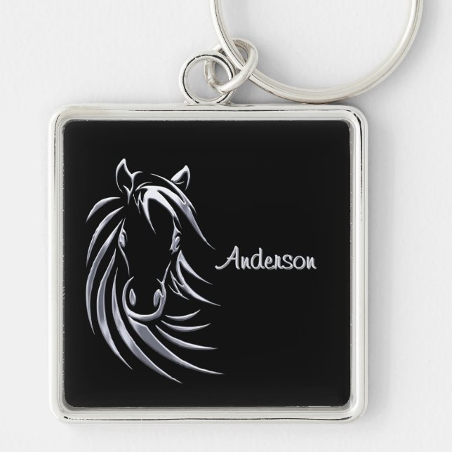 Silver Horse Head on Black Personalized Script Keychain (Front)