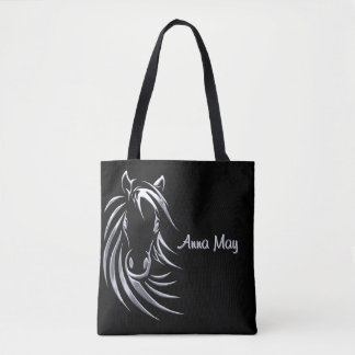 Silver Horse Head on Black Personalized Script Tote Bag