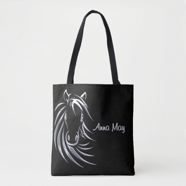 Silver Horse Head on Black Personalized Script Tote Bag (Front)