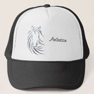 Silver Horse Head on Black Personalized Script Trucker Hat