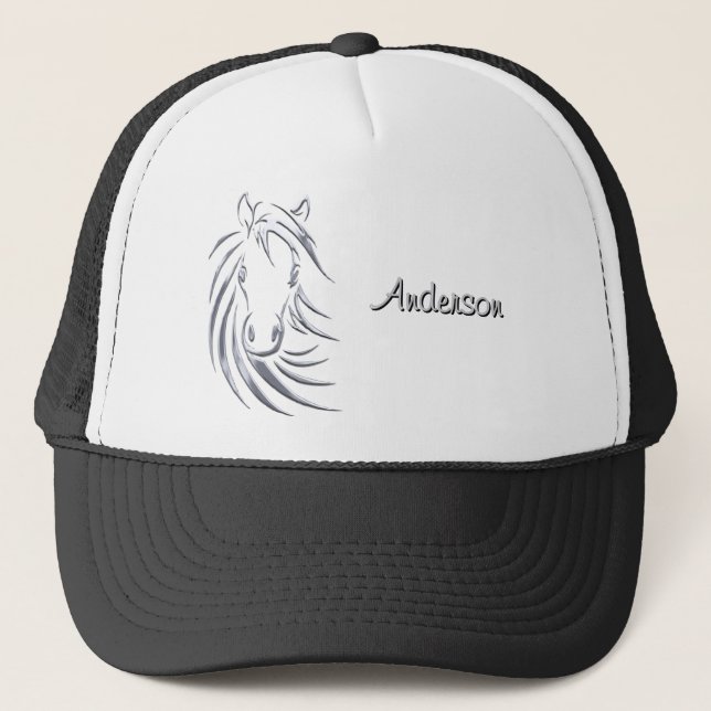 Silver Horse Head on Black Personalized Script Trucker Hat (Front)