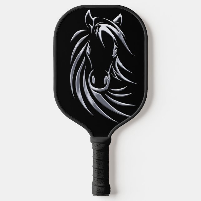 Silver Horse Head on Black Pickleball Paddle (Front)