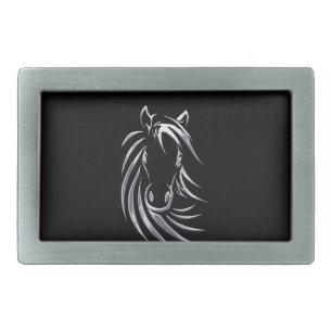 Silver Horse Head on Black Rectangular Belt Buckle