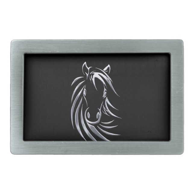 Silver Horse Head on Black Rectangular Belt Buckle (Front)
