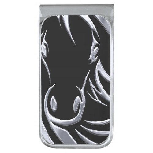 Silver Horse Head on Black Silver Finish Money Clip