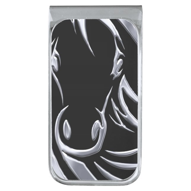 Silver Horse Head on Black Silver Finish Money Clip (Front Vertical)