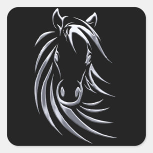Silver Horse Head on Black Square Sticker