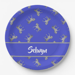 Silver horses on blue paper plates