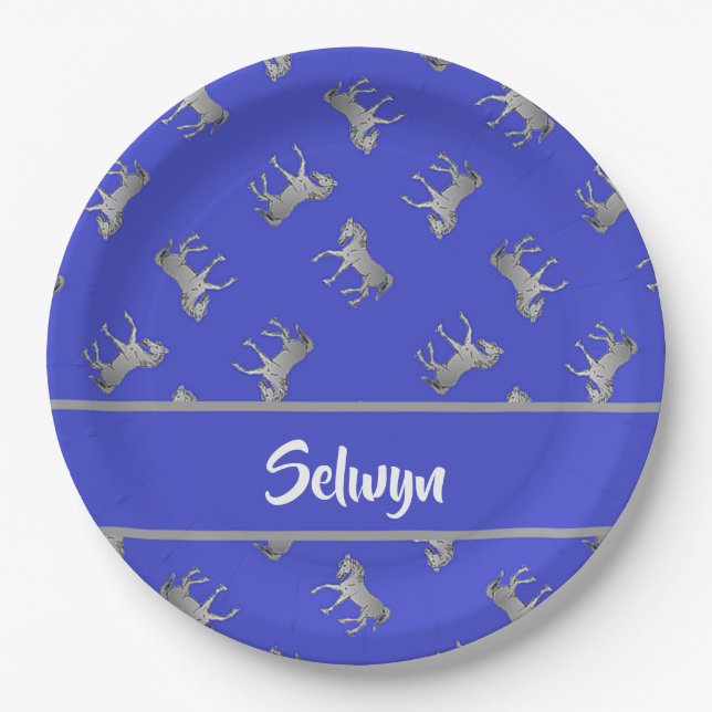 Silver horses on blue paper plates (Front)