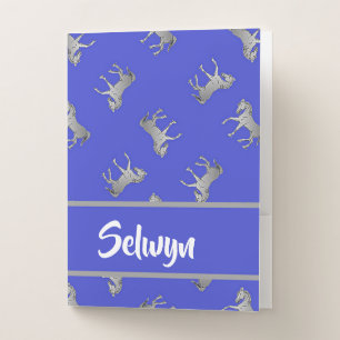 Silver horses on blue pocket folder