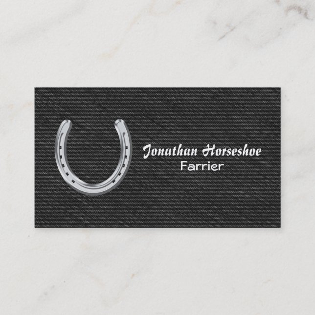 Silver horseshoe on black denim business card (Front)