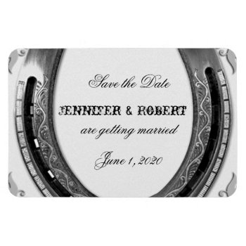 Silver Horseshoe On White Wedding Save The Date Magnet by NoteableExpressions at Zazzle
