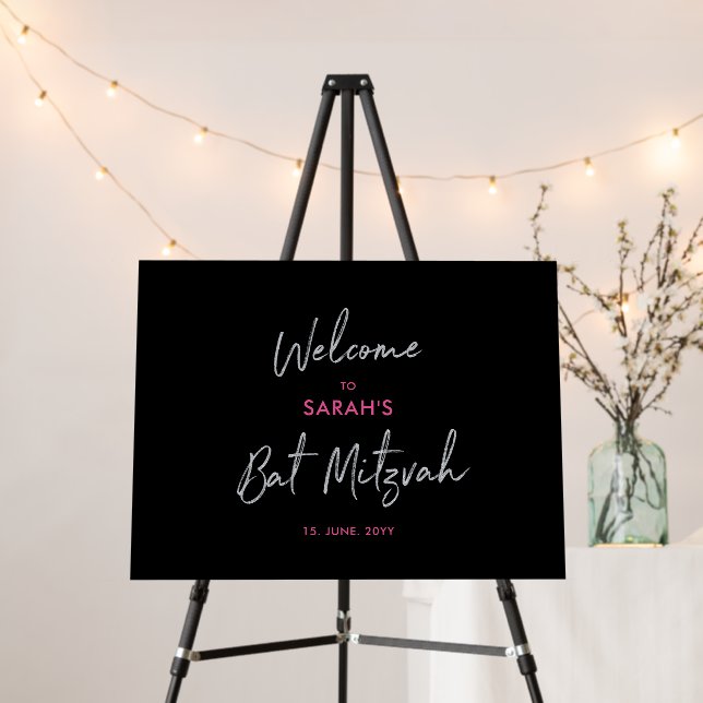 Silver, Hot Pink & Black Bat Mitzvah Welcome Sign (In Situ (Stand))